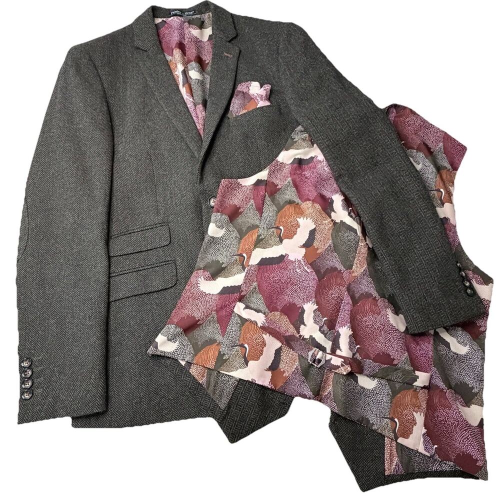 Paisley & Gray Slim Fit Wool Blend Blazer M Herringbone Bird Lining Wedding Prom